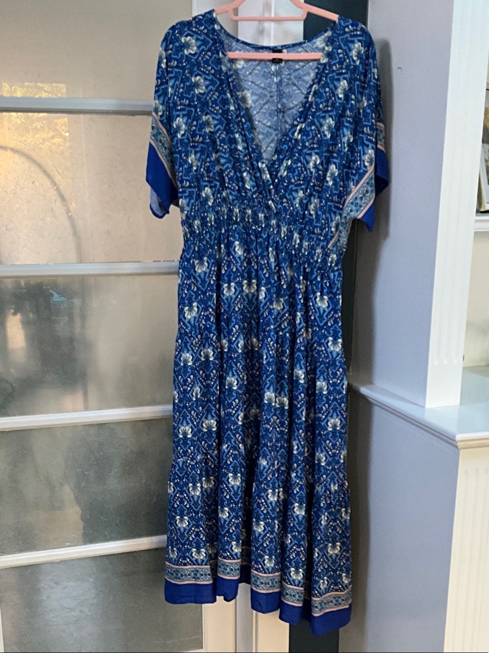 Blue Floral V-Neck Midi Dress with Smocked Waist
